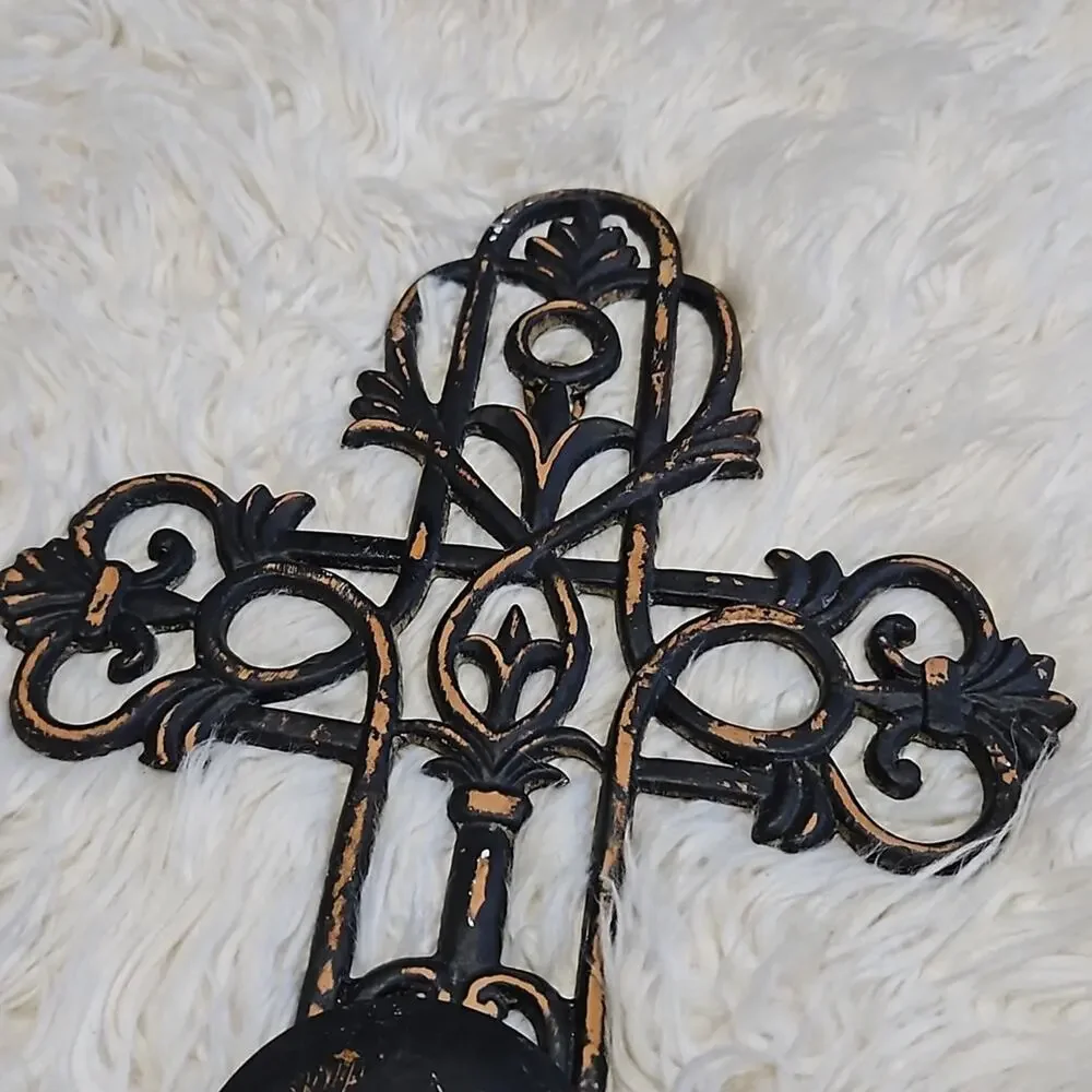 Metal Weathered Wall Cross Candle Holder